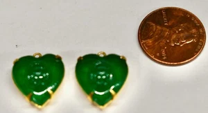 VINTAGE 2 SCARAB LIKE jade green HEARTS BEAD PENDANTS in BRASS 15mm HYROGLIPHS - Picture 1 of 2