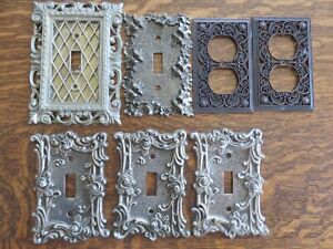 7 VINTAGE AMERICAN TACK HOWE MID CENTURY ORNATE BRASS LIGHT SWITCH QUTLET PLATES