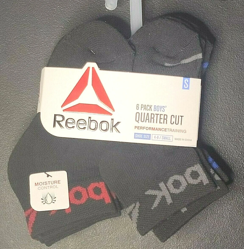 Reebok Boys Black Socks 6 Pack Quarter Cut Multisport Shoe Size Small 4-8