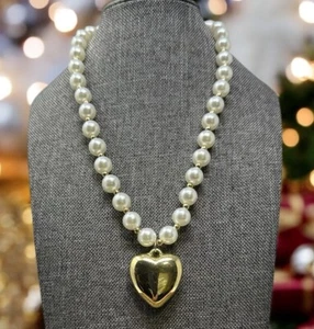 Elegant Gold Tone Faux Pearl Necklace with Heart Pendant | Adjustable 17-18 Inch - Picture 1 of 10