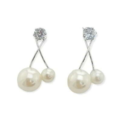 Round Antique White Simulated Pearl Earrings Made With Swarovski Crystal Jewelry - Image 1 of 3
