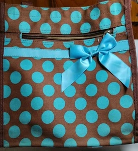 Tote Bag Brown Turquoise Polka Dots Blue Ribbon With Matching Change Purse Nwot - Picture 1 of 10
