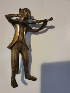 Monkey Playing Violin Fiddle Figurine 8" Tall Heavy Bronze Finish Vintage Statue - Picture 1 of 8