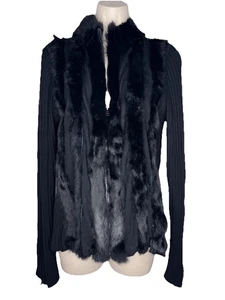 Gaby & Eden Black Rabbit Lux Fur Trim Cardigan Sweater Cocktail Jacket L - Picture 1 of 8