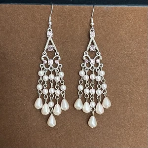 Silvertone Dangle Earrings Faux Pearls Pink Stones New Hooks - Picture 1 of 7