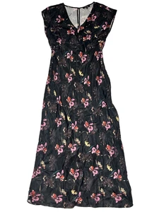 Madewell Wide V Neck Midi Dress Size 6 Black Pink Floral Cap Sleeve Romantic - Picture 1 of 13