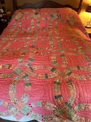 Antique Handstitched Double Wedding Ring Quilt 89" x 76" Handmade Feedsack ?  #2 - Image 1 of 4