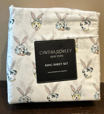Juego de sábanas Cynthia Rowley King perros con orejas de conejo Pascua primavera nuevo  Foto 1 de 3