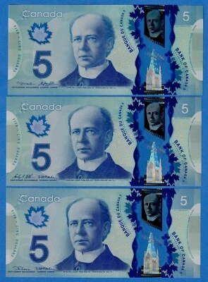 Canada $5 2013 Combo - 3 UNC Polymer Notes P106b,d,e  3 Different Signature Sets - Image 1 of 3