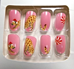 Christmas Nails Shiny Pink Peppermint & Leopard with Santa Hat GLUE ON Medium - Picture 1 of 2