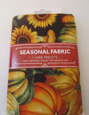 Cotton Fabric David Textiles 1 yard precut fall pumpkins Sunflowers On Black - Image 1 of 3
