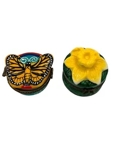 Vintage Ceramic Spring Butterfly & Yellow Flower Hinged Trinket Box Set Lot - Picture 1 of 9
