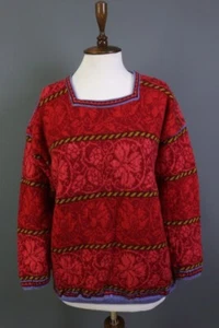 OLEANA Red Floral Pure Wool Knit Pullover Square Neck Sweater Size M/L - Picture 1 of 18