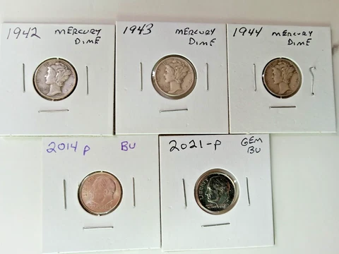 5 DIMES Lot 1942 Mercury Circ 1943 Mercury Circ 1944 Mercury Circ2014 p & 2021 P Cover