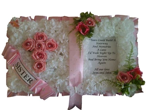 Libro aperto seta artificiale funerale fiore tributo memoriale corona mamma sorella nan - Foto 1 di 10