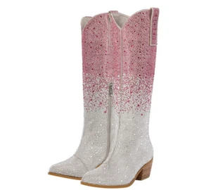 Womens Bling Crystal Cowboy Western Cowgirl Rhinestone Knee High Boots shoes - Picture 1 of 24