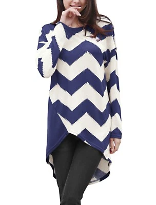 Top túnica Allegra K mujer manga larga estampado chevron dobladillo asimétrico - AZUL MARINO XS, Foto 1 de 4
