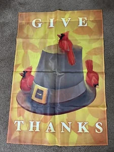 Give Thanks Grateful Flag 28x42” Fall Thanksgiving Pilgrim Hat Cardinals Orange - Picture 1 of 6