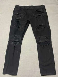 Dope Jeans Mens 38x32 Black Cargo Button Fly Distressed Streeetwear Denim - Picture 1 of 13