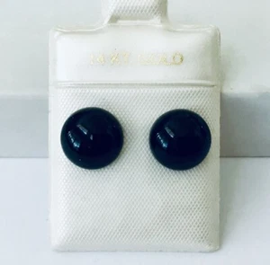 Solid 14K Yellow Gold Natural Black Onyx 10 mm Round Button Stud Earrings NEW - Picture 1 of 9