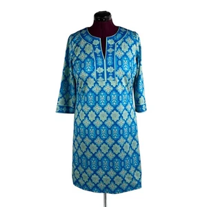 Vestido Gretchen Scott Azul Teal Floral Cuello Dividido Talla L Manga 3/4 Costero - Imagen 1 de 16