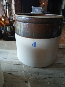 Antiker/Vintage 4 Gallonen Steinzeug Topf/Beiztopf, braun und weiß - Bild 1 von 5