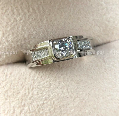 Anel de casamento masculino moissanita ouro branco 14K sólido excelente corte redondo VVS1 2 CT - Imagem 1 de 4