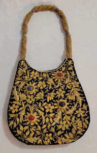 PERLEN ABEND HANDTASCHE MIT POLIERTEN STEINEN UND PERLENRIEMEN BESTICKTE BLUMEN - Bild 1 von 10