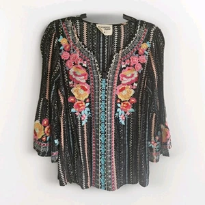 SAVANNA JANE Top Med Embroidered Southwest Peasant Long Sleeve Boho Blouse Black - Picture 1 of 5