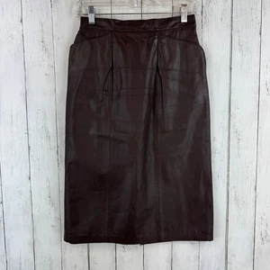 Gonna vintage Tibor marrone pelle dritta matita lunghezza ginocchio elastico in vita taglia 8 - Foto 1 di 13