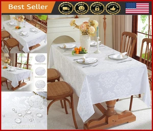 White Damask Tablecloth 52x70" Floral Jacquard Waterproof Stain-Resistant Cover - Picture 1 of 8
