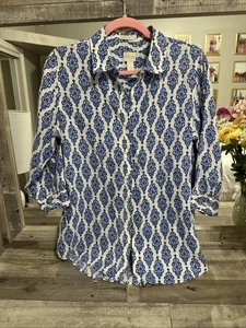 Chico’s No-Iron Stripe Linen Blouse, size 1 (Med) Blue & White GEO Coastal Beach - Picture 1 of 5