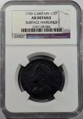 1750 Great Britain Copper 1/2 PENNY NGC AU-50 SURFACE HAIRLINES - Image 1 of 4