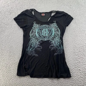 Harley Davidson T Shirt Womens Large Black Blue Graphic Rhinestones HD Wings Top - Picture 1 of 11