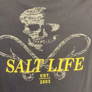 Salt Life Mens Small Skull and Fishing Hooks Blue Cotton T-Shirt Front Pocket - Picture 1 of 5