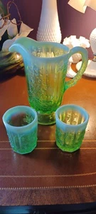 VTG. Mosser Green iridescent Small Water Pitcher w/2 tumblers/ glasses Perfect - Picture 1 of 12