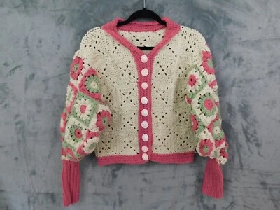 Handmade Granny Square Sweater Women Small Cardigan Button Up OAK Cottage Chunky - Image 1 of 4