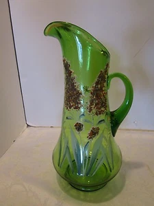Brotcher Limonata Vetro Verde Vintage Smaltata Dipinta a Mano Floreale 13""H. Anni '30 - Foto 1 di 12