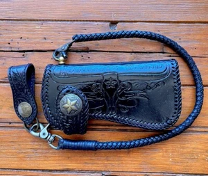 Hand Tooled Trucker Biker Wallet, Western Steer Skull, Genuine Cowhide Leather - Picture 1 of 8