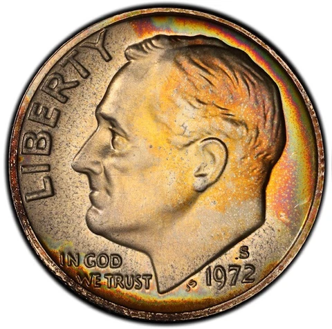 PR67 1972-S 10C Roosevelt Proof Dime, PCGS Secure- Rainbow Album Toned Cover