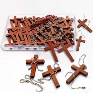 Wooden Pocket Cross 70 Charms & 70 Chains Natural Wooden Pendants Crafts - Picture 1 of 8