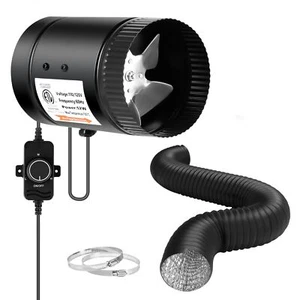 4'' Inline Booster Duct Fan with Speed Controller and 8 Feet Aluminum Ducting - Picture 1 of 7