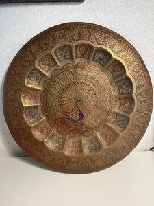Large Brass Etched Peacock Plate Serving Tray Wall Décor 17" - Picture 1 of 2