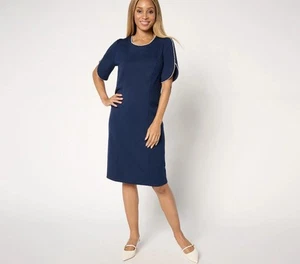 Susan Graver Regular Smart Ponte Dress With Pearl Trim Size M Navy A672499 - Picture 1 of 5