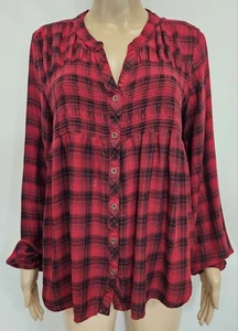 Blusa KNOX ROSE Talla Grande Negra, Roja Camisa A Cuadros Acanalada Manga Larga Rayón - Imagen 1 de 14