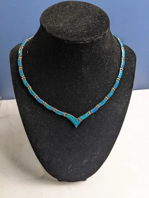 925 Sterling Silver Blue Fire Opal Necklace  V Shape - Image 1 of 4