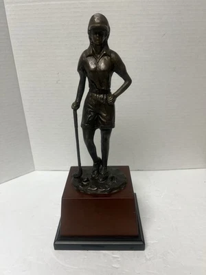 13” Bronze Statue Lady Woman Golfer Figure With Wood Base Club Golf Decor - Image 1 of 4