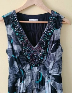 Debenhams Rocha John Rocha Beaded Black/White/Turquoise Maxi Dress - Size 12 - Picture 1 of 8
