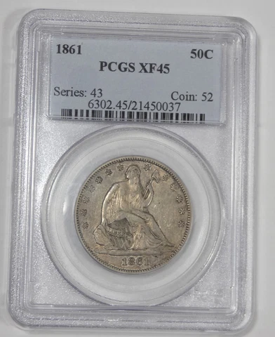 1861 Liberty Seated Half Dollar CERTIFIED PCGS  XF 45 Silver 50c Cover