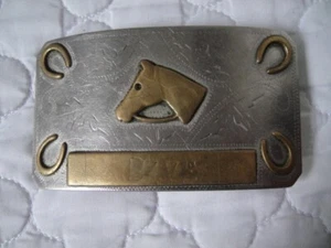 RARE RICARDO HAND MADE HAND ENGRAVED COWBOY BELT BUCKLE HORSE HEAD W/ HORSESHOES - Picture 1 of 10